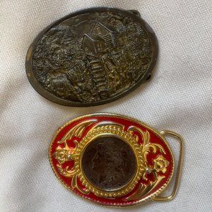 LOT of 2 Vintage Belt Buckles 1921 Morgan Silver Dollar Coin German Silver